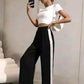 Women's Hight Waist Wide-Leg Jogger Pant Black & White Stripe